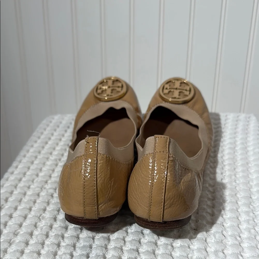 Tory Burch Tan Leather Reva Ballet Flats with Gold Logo